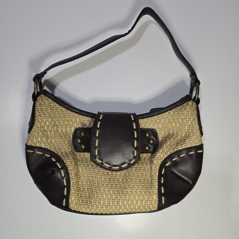 Franco Sarto Women's Straw Woven & Faux Leather Shoulder Bag Purse Brown Tan